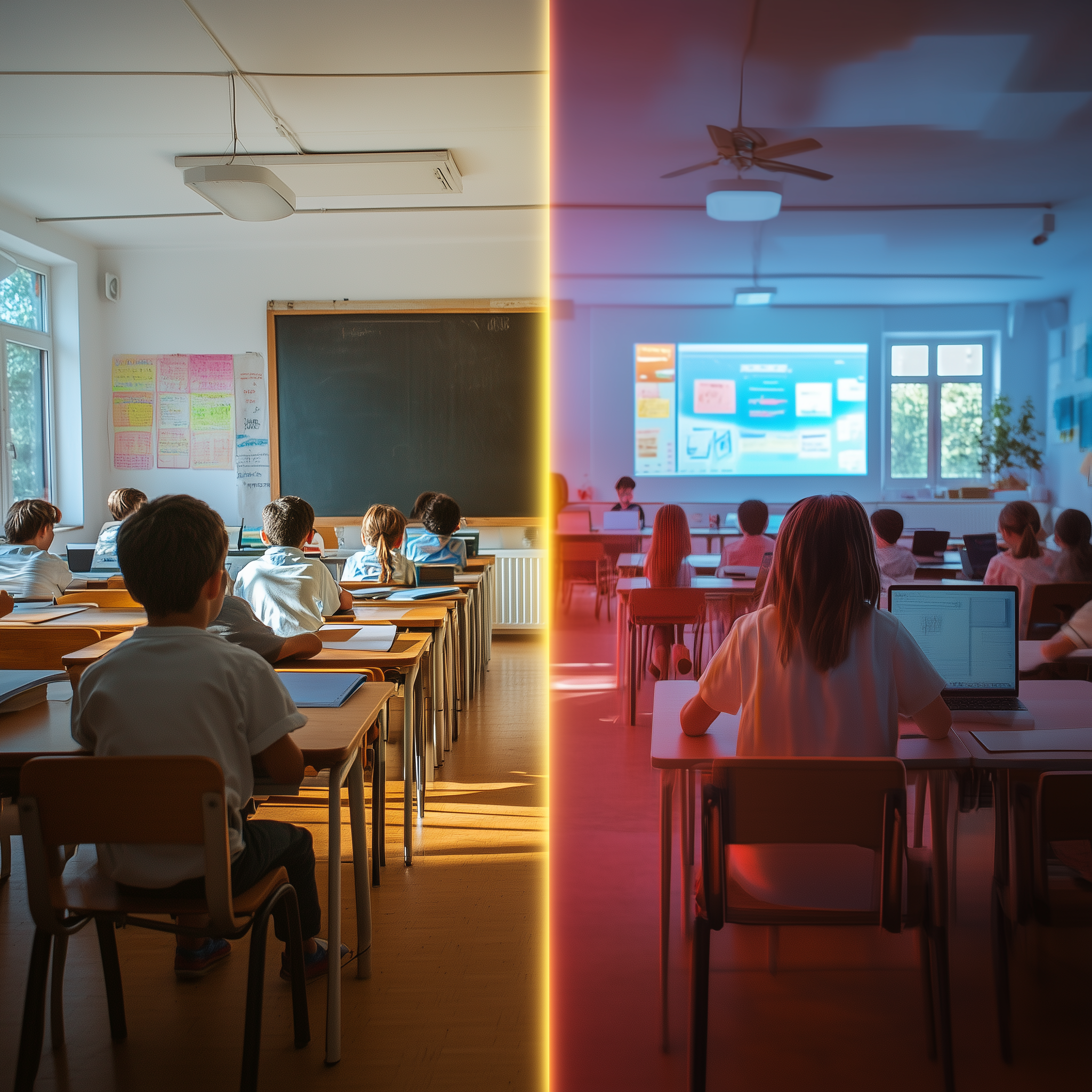 Split classroom showing outdated versus modern learning environments with digital screens and laptops, illustrating scalable school IT solutions