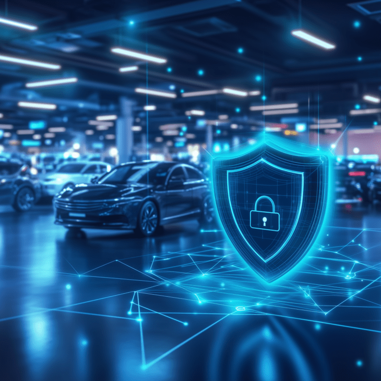 Secure digital network overlay with lock and shield graphics in a dealership office, symbolizing cybersecurity and FTC compliance