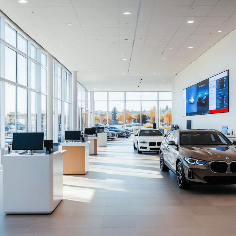 Modern auto dealership showroom with cars on display and digital sales desks, representing dealership-focused IT solutions