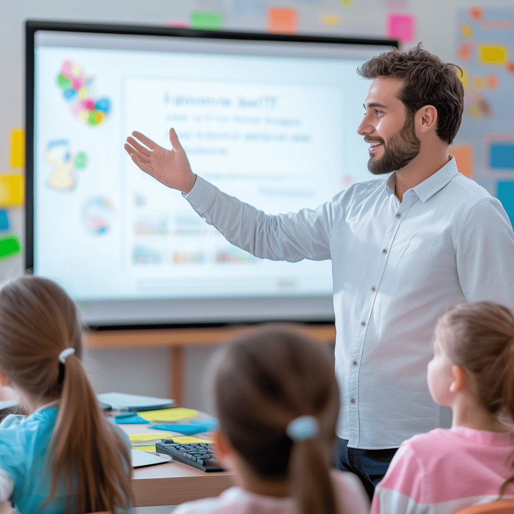 Male teacher presenting to elementary students in a colorful classroom with a digital screen, representing classroom-focused IT support