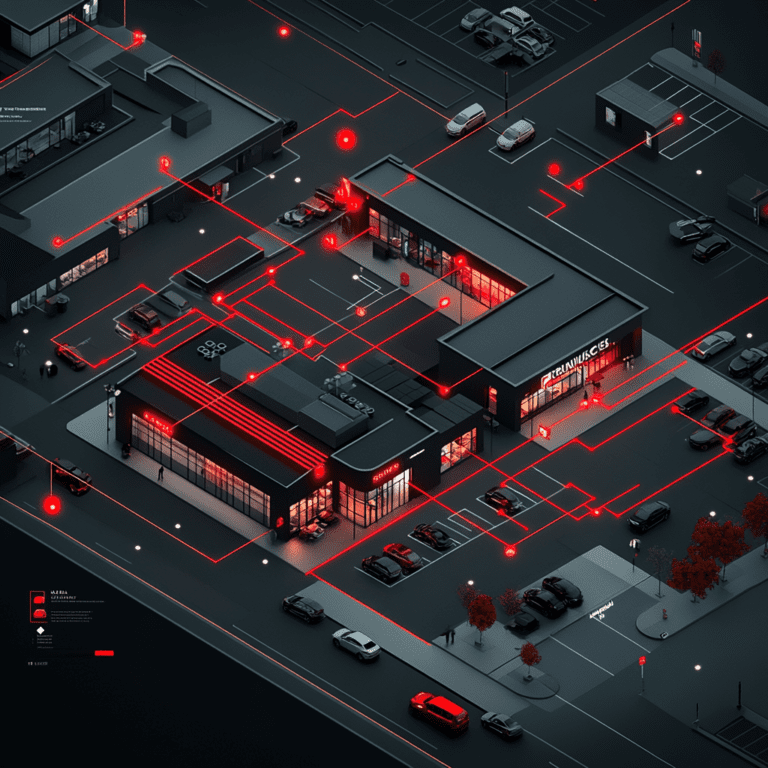 Multiple dealership buildings connected by a digital network, illustrating scalable IT infrastructure for auto groups
