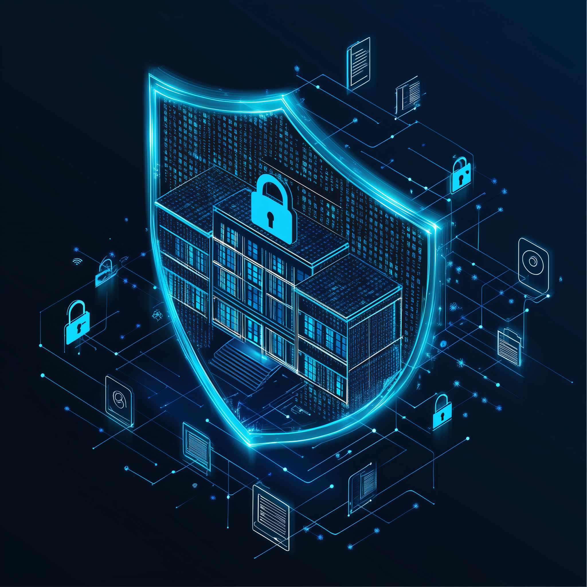 Digital shield with padlock overlaying a school building, surrounded by data and file icons, symbolizing cybersecurity for student data