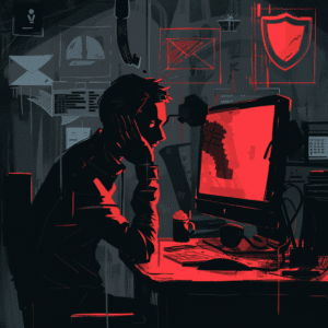 Cybercriminal manipulating employee using a computer in a dark office, symbolizing a social engineering attack