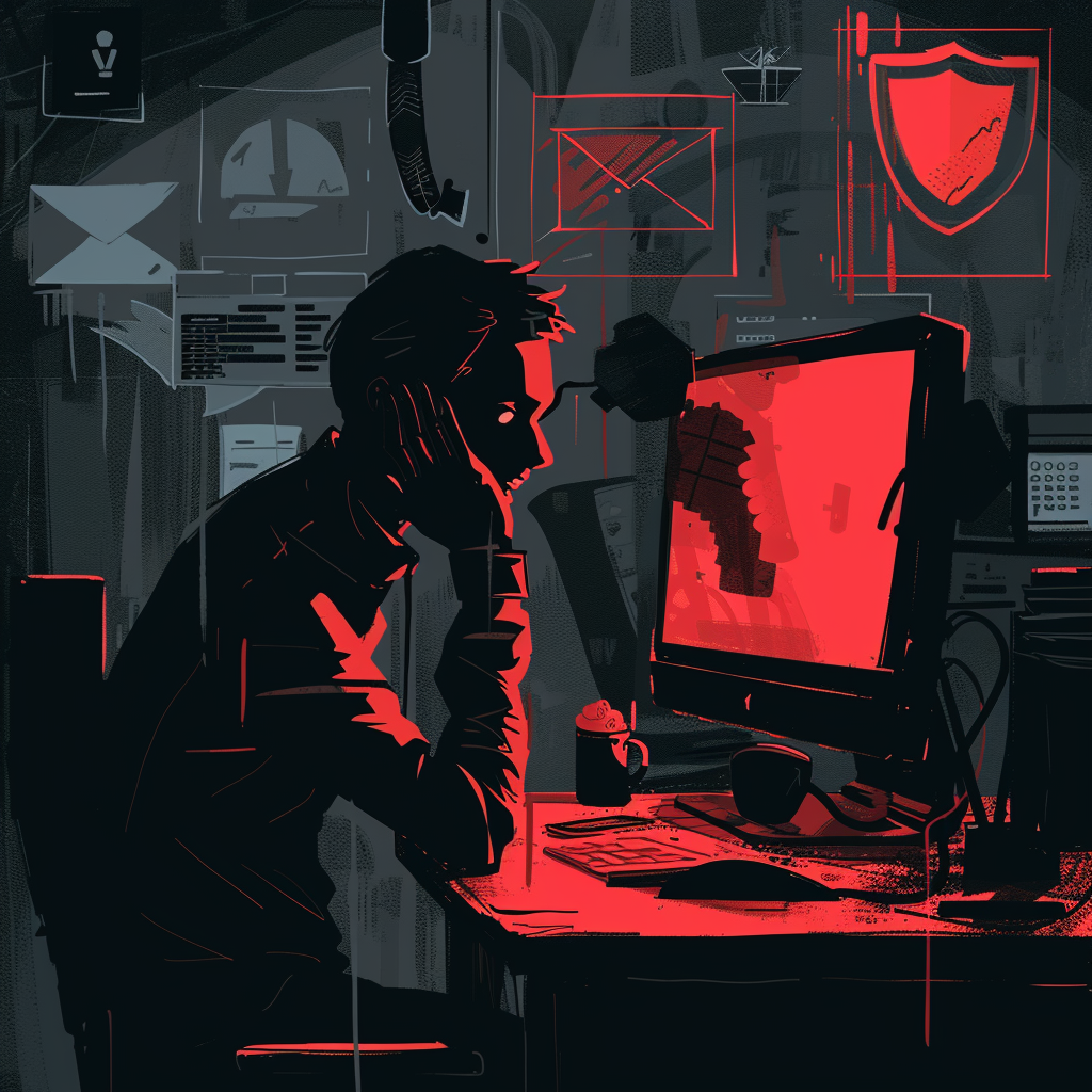 Cybercriminal manipulating employee using a computer in a dark office, symbolizing a social engineering attack
